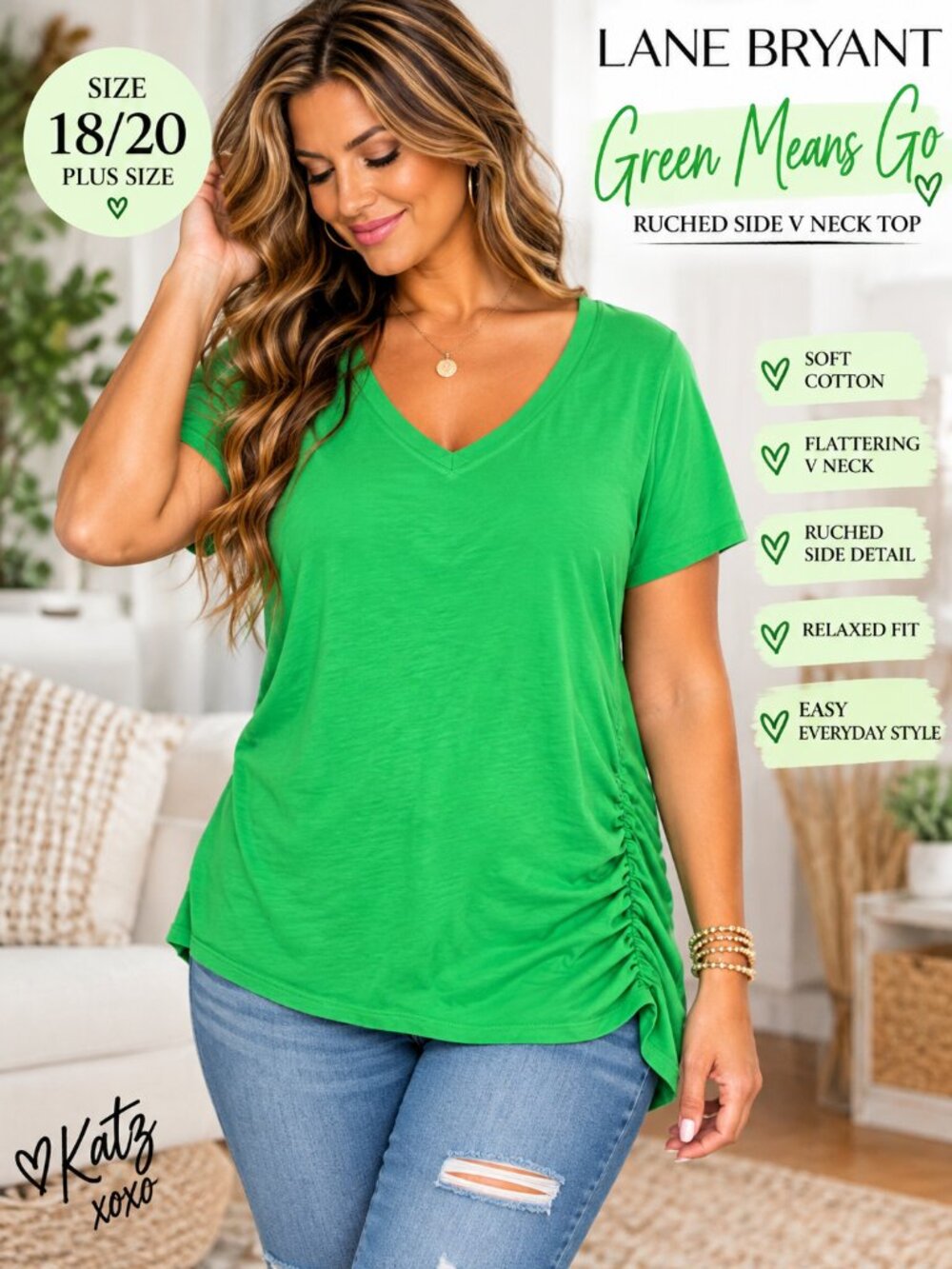 Lane Bryant Kelly Green Ruched V Neck Cotton Tee Plus 18/20 Casual Everyday Top